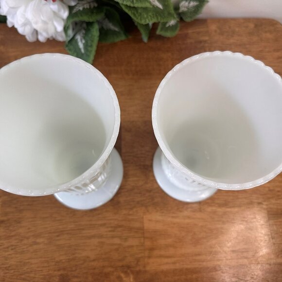 E O Brody Milk Glass Vases Pair Ribbed White Pedestal Planter Vintage Floral Dec - Picture 8 of 9